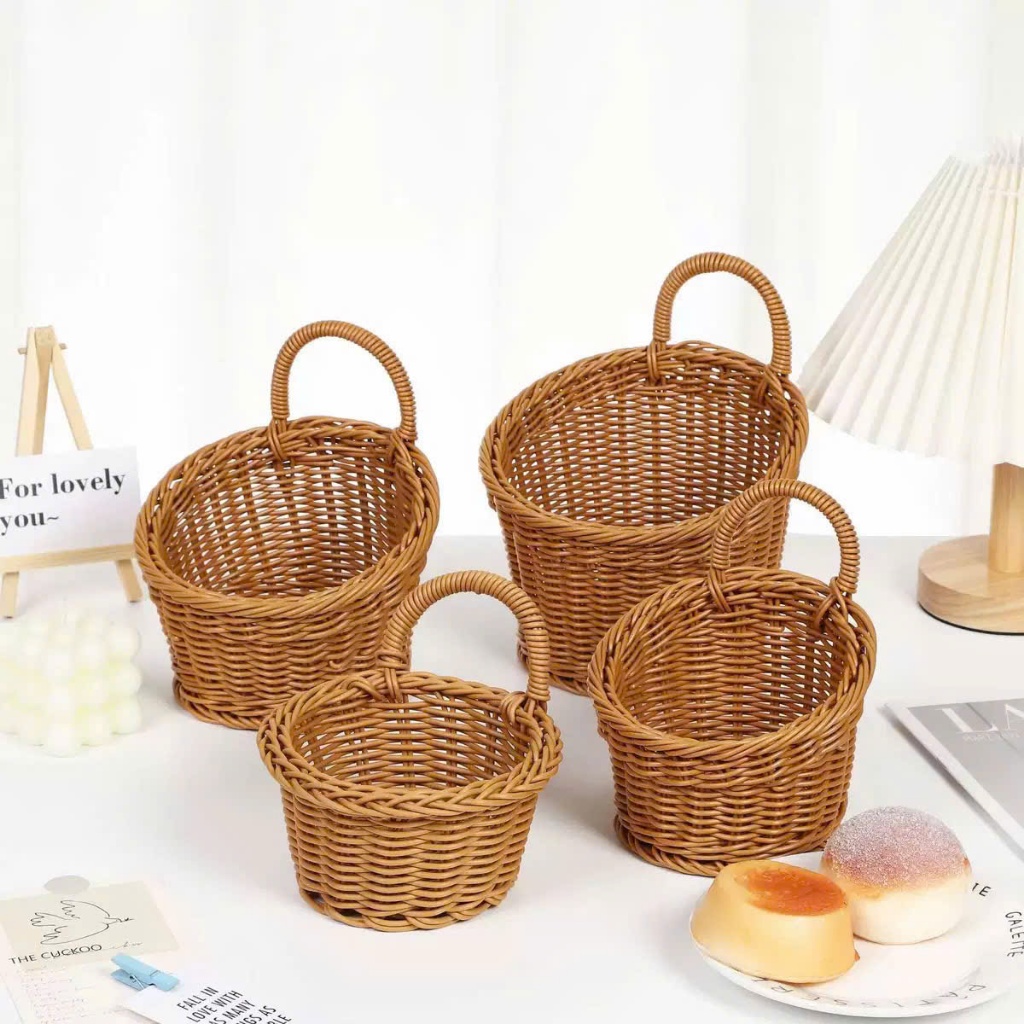Giỏ treo tường OABU, đựng hành tỏi, giả nhựa mây không thấm nước, màu vàng nhạt, decor trong nhà bếp 04a
