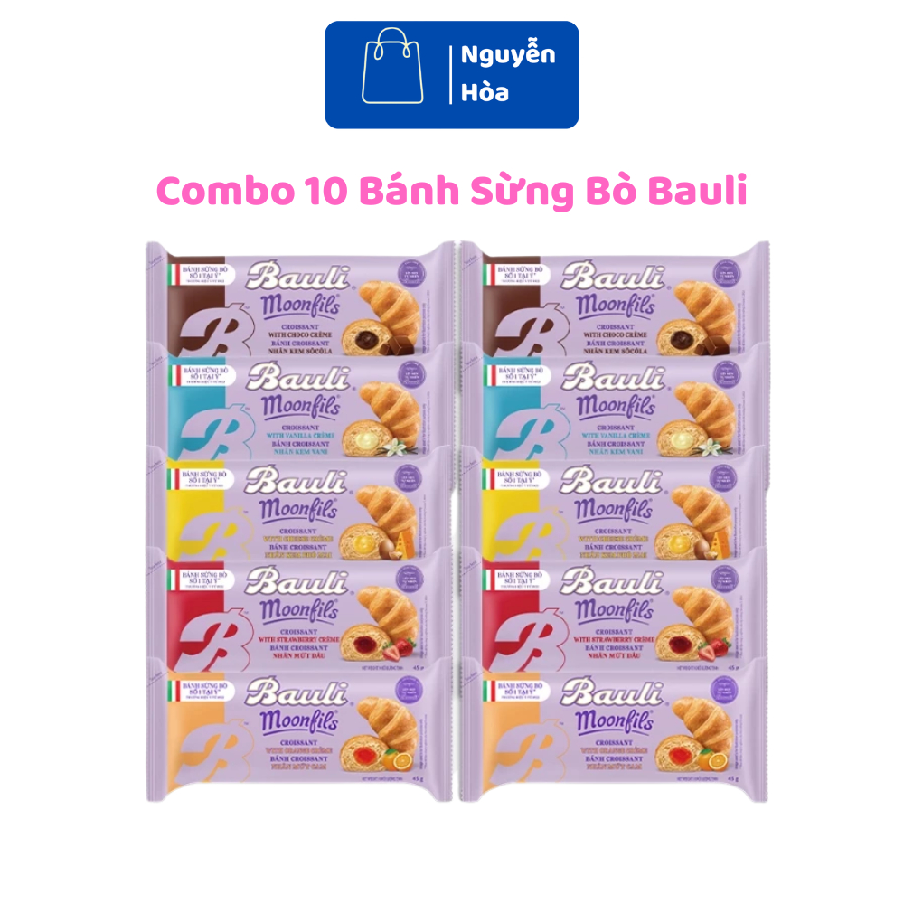 [Combo 10 Bánh] Bánh Sừng Bò Bauli Moonfils 45g Đủ 5 Vị - Bánh Mì Croissant Nhân Kem Ăn Sáng Dinh Dư