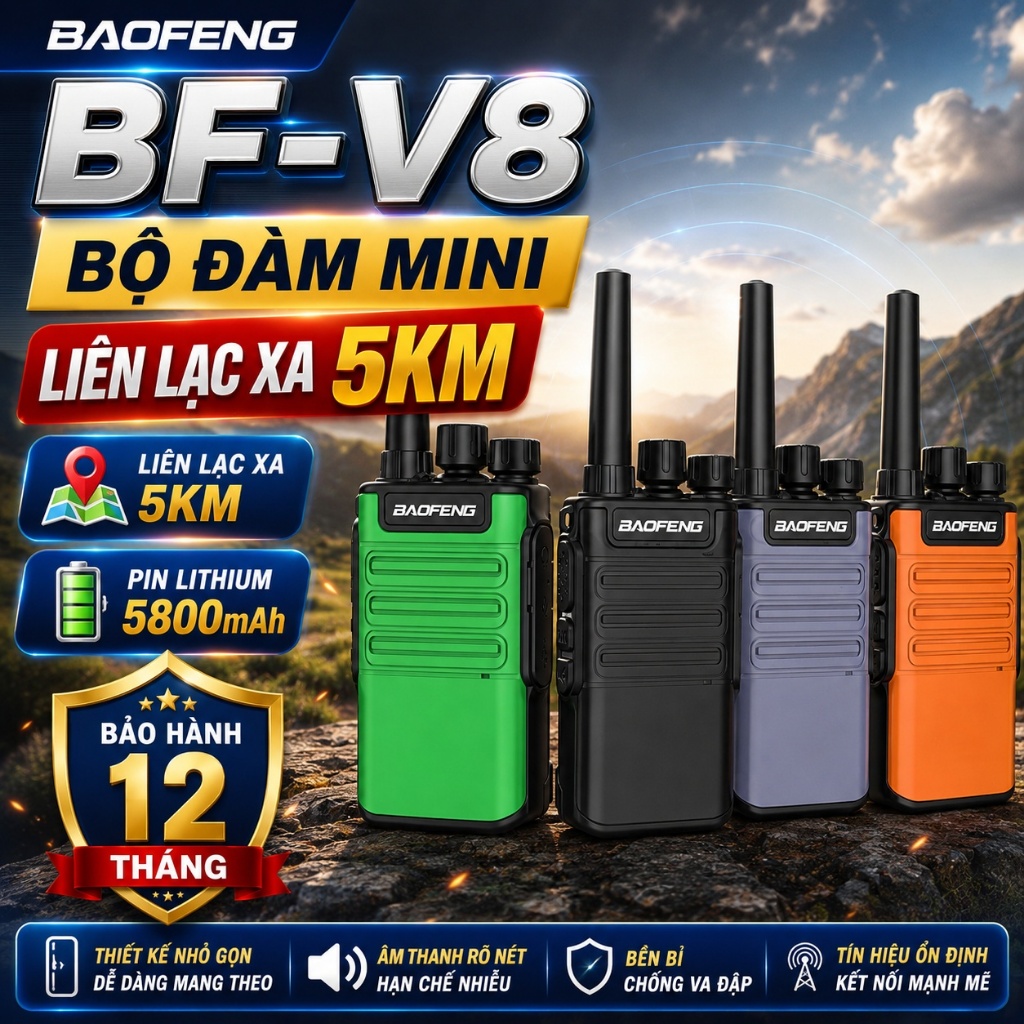 BAOFENG BF-V8 Bộ Đàm Mini Pin 5800mAh Liên Lạc Xa 5KM Âm Thanh Rõ Dùng Cho Khách Sạn Công Trình Nhà 