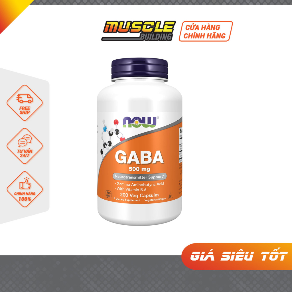 NOW Foods GABA 500mg – Hỗ Trợ Thư Giãn, Giảm Căng Thẳng, Hỗ Trợ Giấc Ngủ, Bổ Sung Vitamin B6