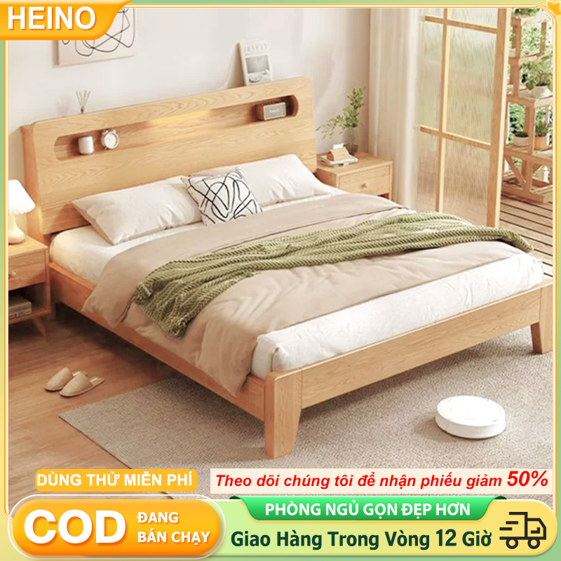 𝑯𝑬𝑰𝑵𝑶 Giường gỗ tự nhiên 1m8x2m không formaldehyde Không Bị Rung Lắc Đẹp Nhờ Giường Gỗ Tự Nhiên