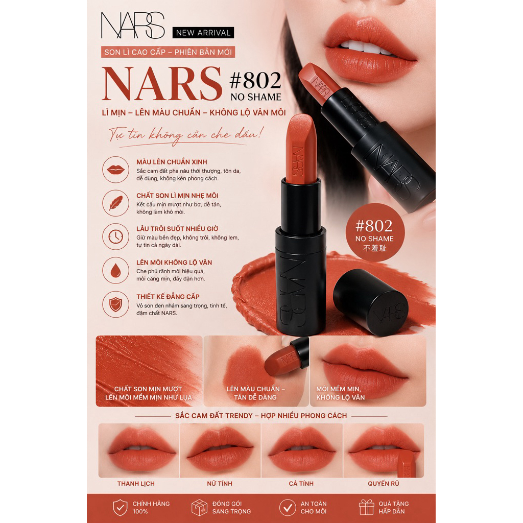 ( HÀNG XÁCH) Son Nars Explicit Lipstick 802 No Shame Màu Cam Nâu