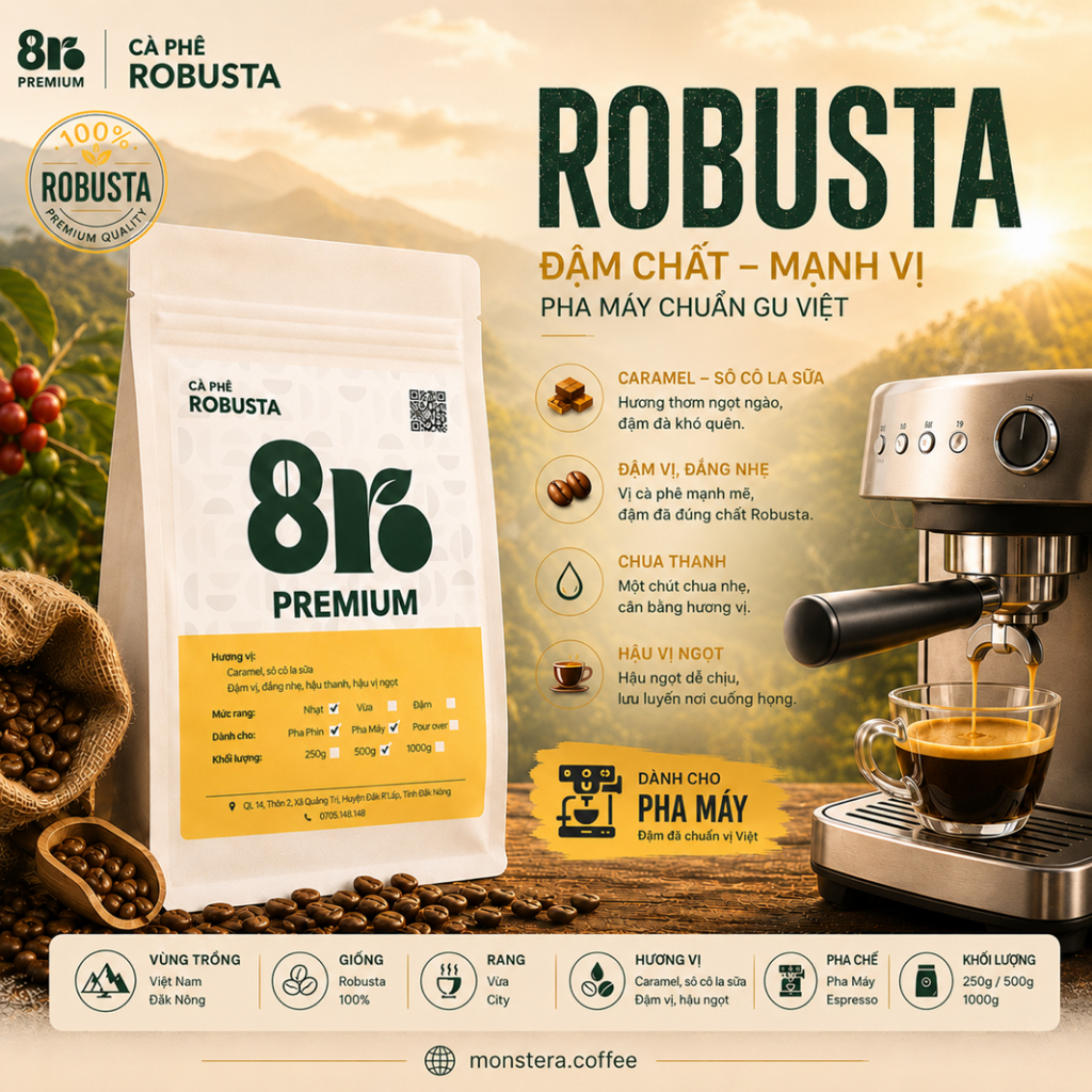 Robusta Premium - Pha Máy - Nguyên hạt - 8Ro Coffee & Roaster