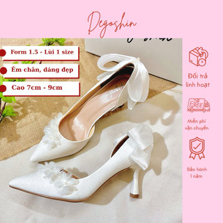 Giày cưới, giày cao gót 7p và 9p đính hoa và nơ tiểu thư xinh xắn thanh nhã Thiết kế bởi Degoshin.