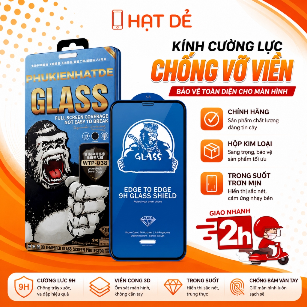 Kính Cường Lực iphone Full Màn Chống Vỡ Viền WTP-038/039 cho 8Plus/X/Xs…