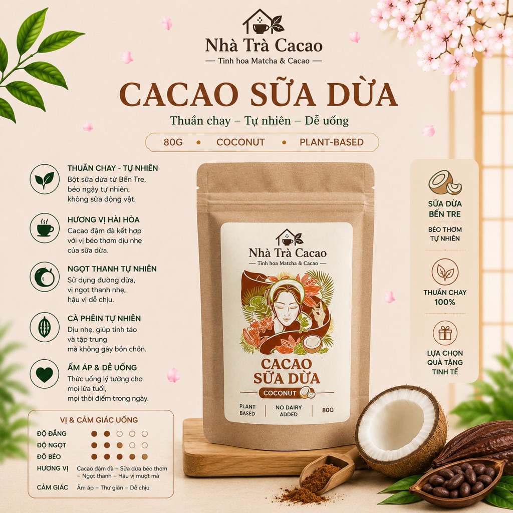 ( Hoả Tốc) Bột cacao heyday sữa dừa,thuần chay,cacao heyday sữa dừa tự nhiên túi giấy 80g