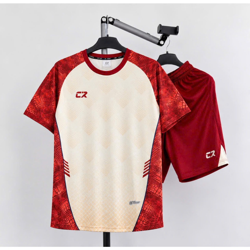 [CÓ IN TÊN] Bộ quần áo bóng đá CR Sport kem đỏ, đủ size cho bé 8-78kg, chất MÈ lạnh thoáng mát ROYAL