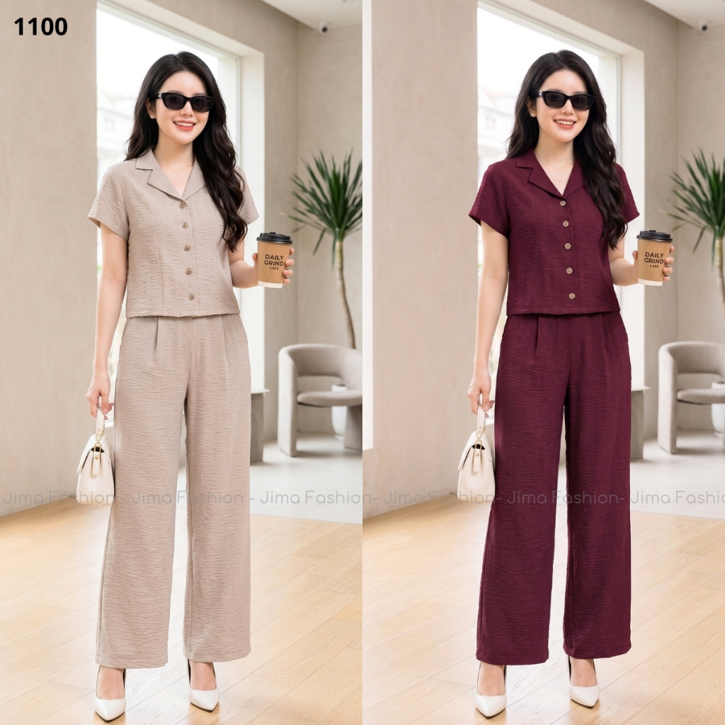 Set Bộ Nữ Tằm Tencel Jima Quần Ống Rộng Áo Ngắn Tay Cổ Bẻ Sang Chảnh -1100