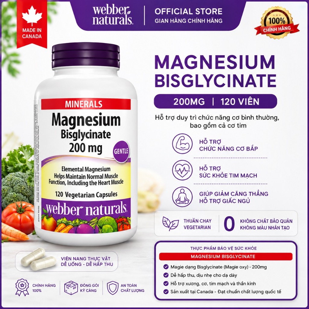 Viên uống Webber Naturals Magnesium Bisglycinate 200mg (120 viên) , Bổ sung Magnesium