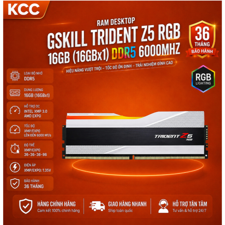 Ram Desktop Gskill Trident Z5 RGB 16GB (16GBx1) DDR5 6000Mhz Silver (F5-6000J3636F16GX1-TZ5RS) bảo h