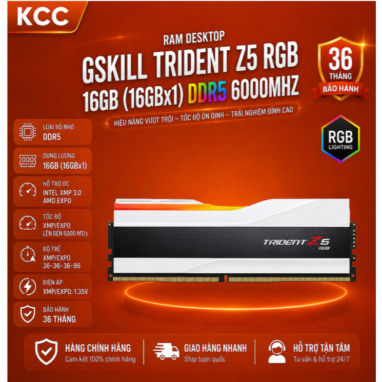 Ram Desktop Gskill Trident Z5 RGB 16GB (16GBx1) DDR5 6000Mhz White (F5-6000J3636F16GX1-TZ5RW) bảo hà