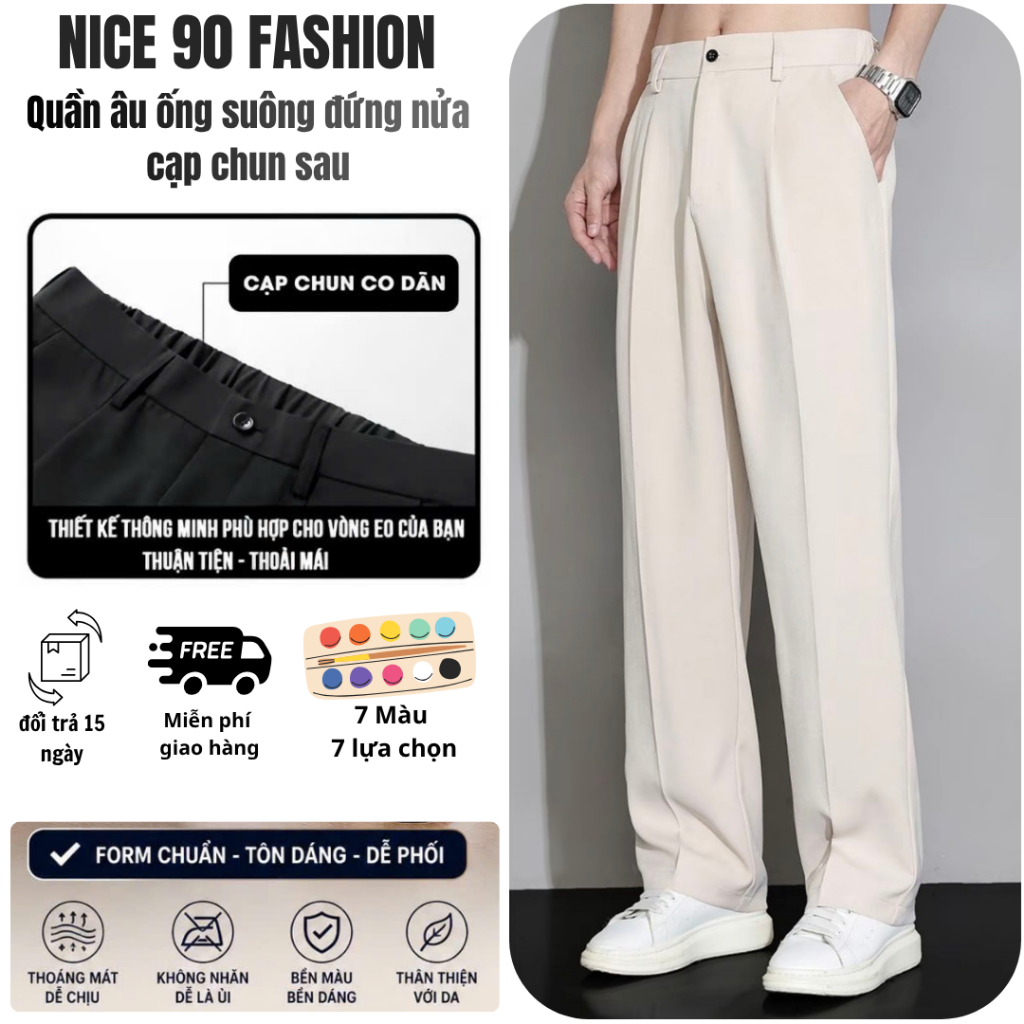 Nice90 Fashion Quần âu nam nữ nửa cạp chun sau Hàn Quốc dáng ống suông vải dày…