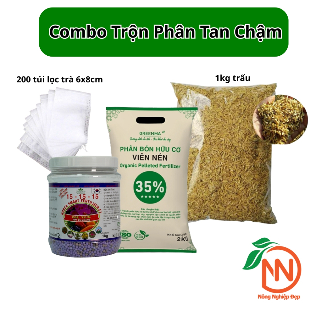 Combo Làm Phân Tan Chậm Cho Lan | NPK 15-15-15 | Phân Bò Greenma | Túi Lọc | Trấu Sống