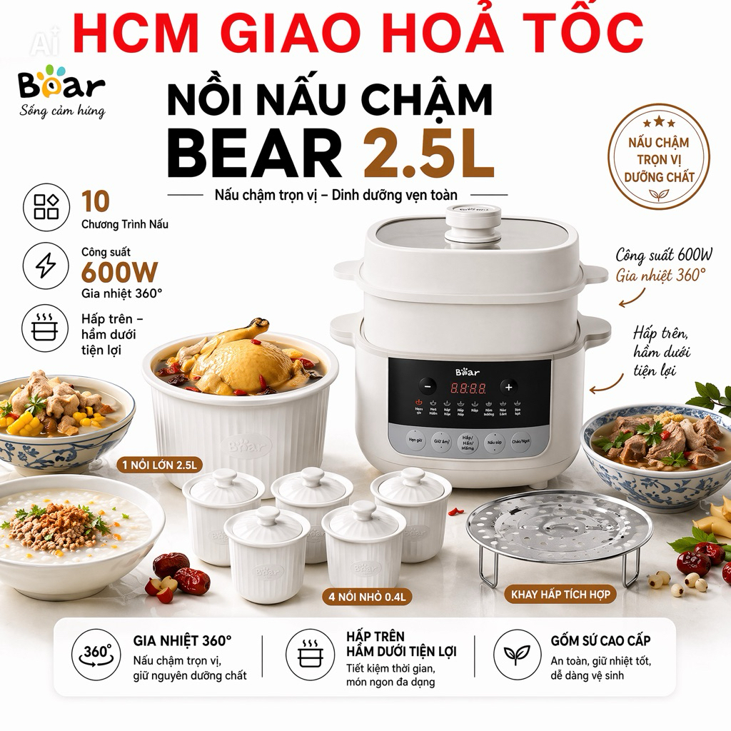 Nồi Nấu Chậm BEAR 5H25M34 Dung Tích 2.5L, Có Xửng Hấp