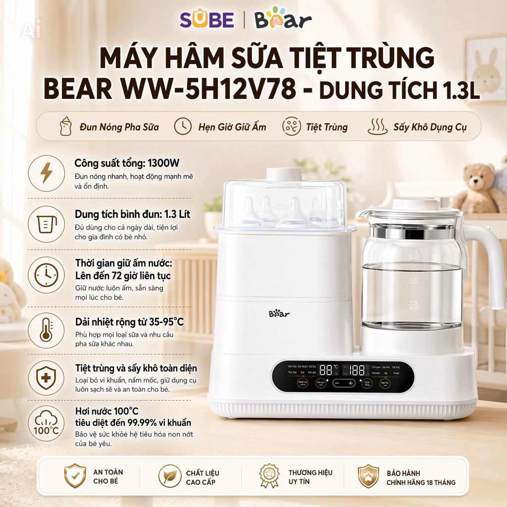 Máy Hâm Sữa Tiệt Trùng BEAR WW-5H12V78 - Dung Tích 1.3L