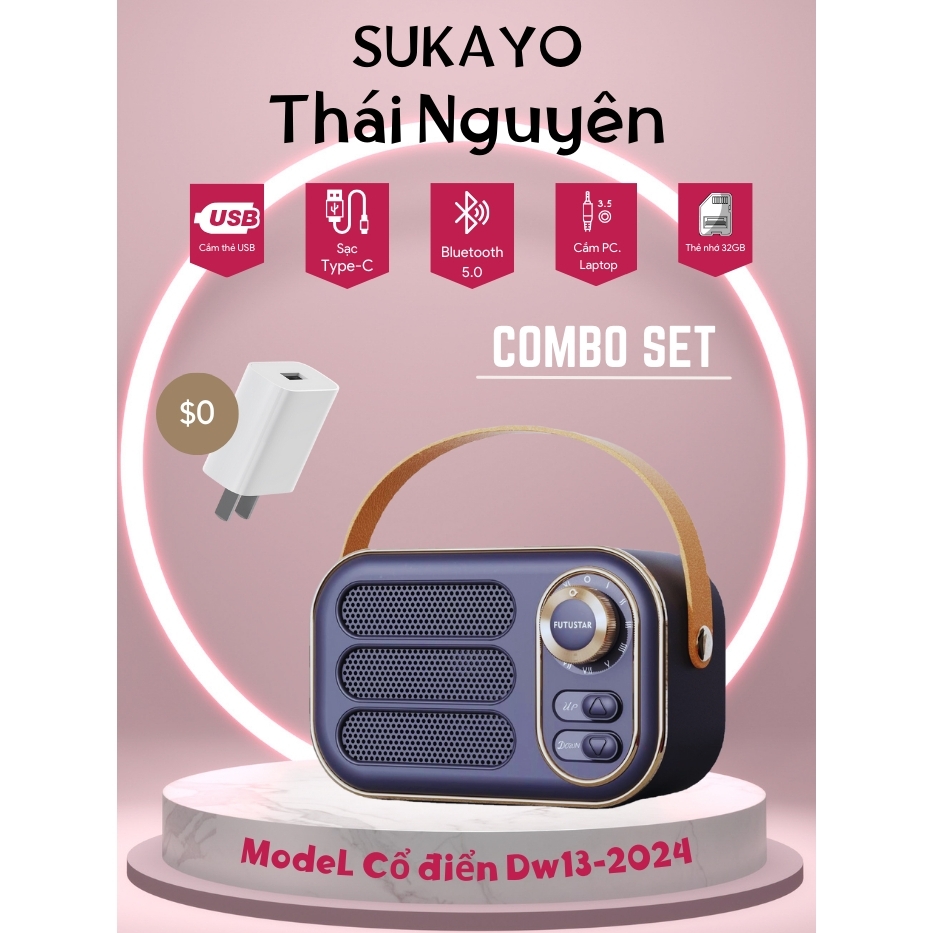Combo củ sạc và Loa bluetooth mini 5.0 DW13 5w retro decor phòng hỗ trợ thẻ Micro SD/USB/AUX