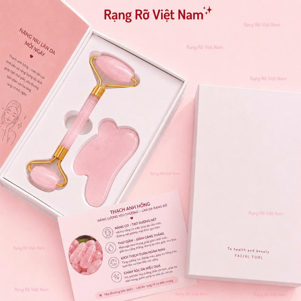 Bộ Đá Guasha Massage Mặt Giảm Nếp Nhăn + Cây Lăn Massage Nâng Cơ Bằng Đá Tự Nhiên Màu Trắng Xanh - Đ