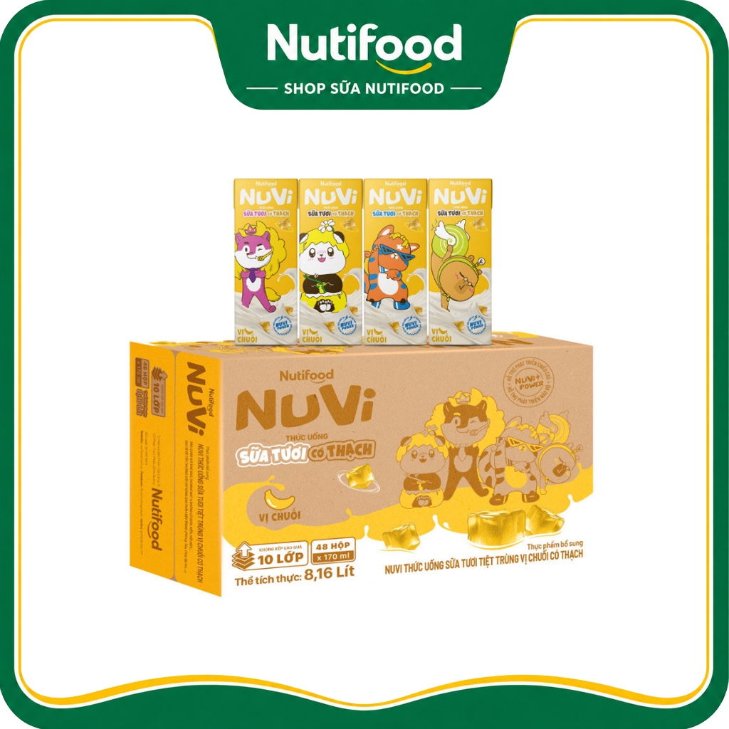 Thùng 48 Hộp 170mL NuVi Thức Uống Sữa Tươi Vị Chuối, Khoai Môn, Nho Có Thạch - SHOP SỮA NUTIFOOD