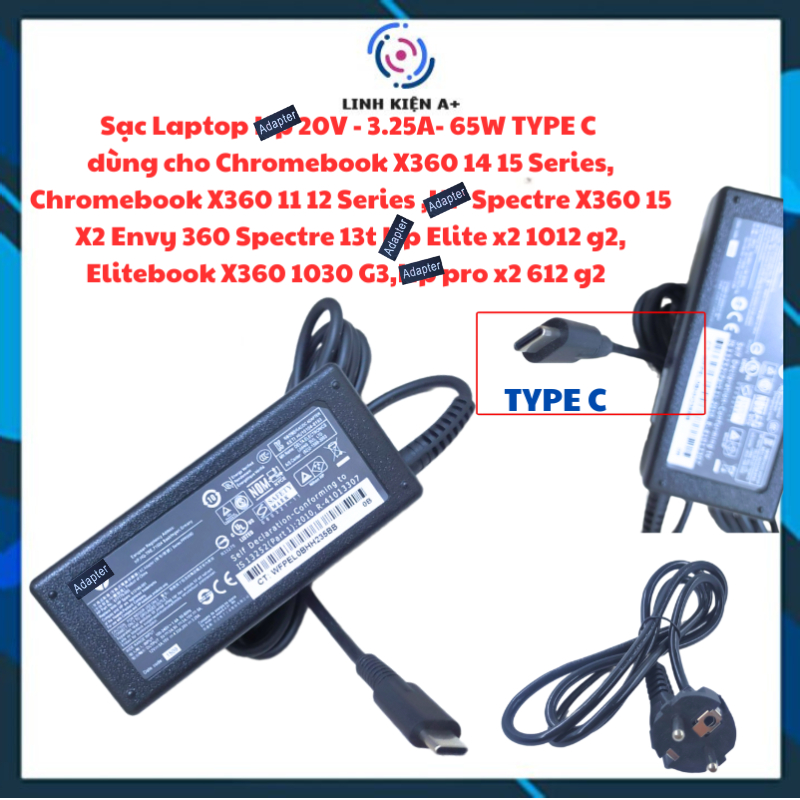 SẠC LAPTOP HPP 65W TYPE C cho Chromebook X360 14 15 Series,Envy 360 Spectre 13t HPP Elite x2 1012 g2