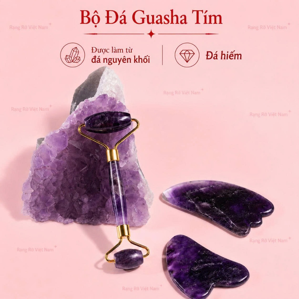 Đá Guasha Thạch Anh Tím Kèm Cây Lăn Thạch Anh Tím Hàng Hiếm Cao Cấp Giúp Nâng Cơ Mặt Giảm Nếp Nhăn -