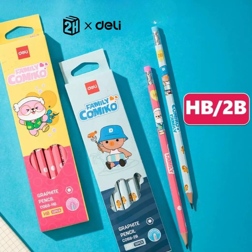 Hộp 12 Bút Chì Family Combo Bút chì 2H HB, Kèm Đầu Tẩy Cho Bé Tập Viết Vẽ Tranh - VPP Deli C068