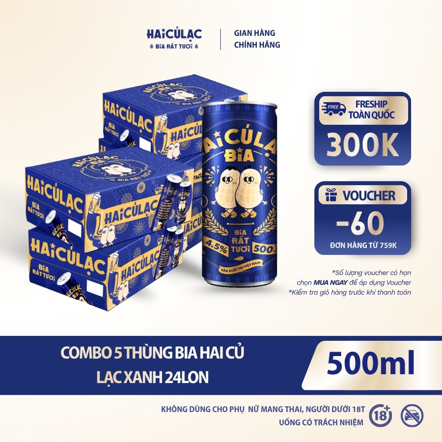 [BIA TƯƠI] COMBO 5T BIA HAI CỦ LẠC - BIA RẤT TƯƠI [THÙNG  24 X 500ML]