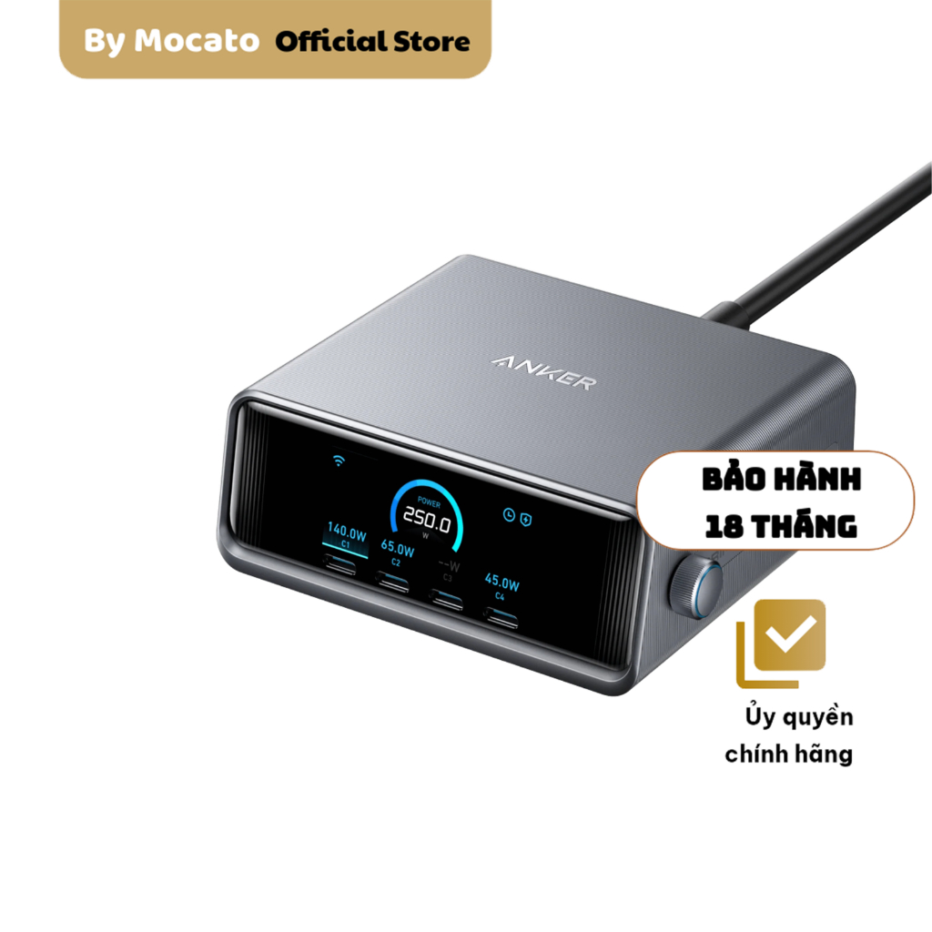 Sạc 6 cổng Anker Prime 250W GaN A2345, màn hình LCD, BH 18 tháng