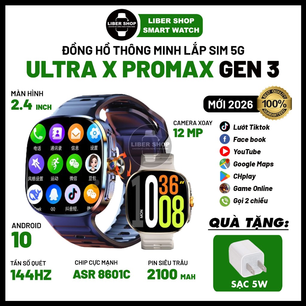 Đồng Hồ Thông Minh Ultra X Promax Gen3 2.4" 144hz Lắp Sim 5G, Lướt MXH, Xem Phim, Game, Android 10, 