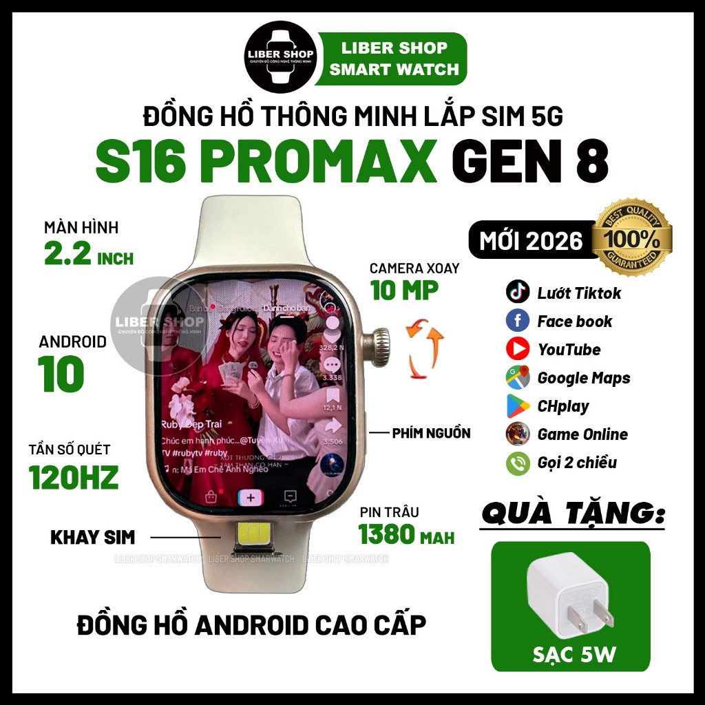 Đồng Hồ S16 Promax Gen 8 Lắp Sim 5G, 2.2", 120HZ, Wifi, Lướt Mạng Xã Hội, Tải App CHplay, Android 10