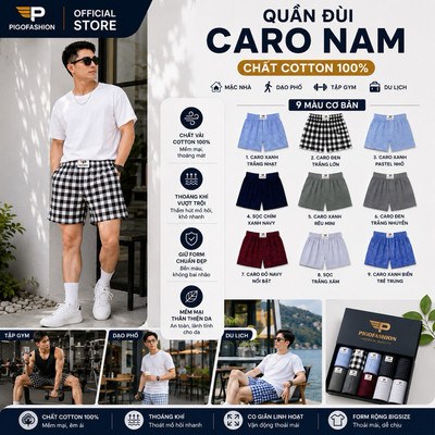 Quần đùi kate cotton caro ngủ mặc nhà đi dạo form thoải mái có túi Pigofashion QCR2503