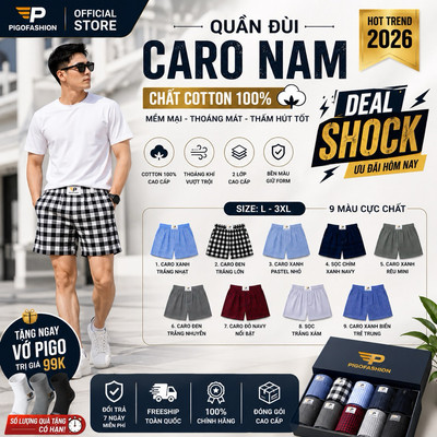 [1C-3C-5C] Quần đùi caro nam cotton sợi tre xuất dư có túi , Quần mặc nhà đi dạo big size 98kg QDCR0326 Pigofashion