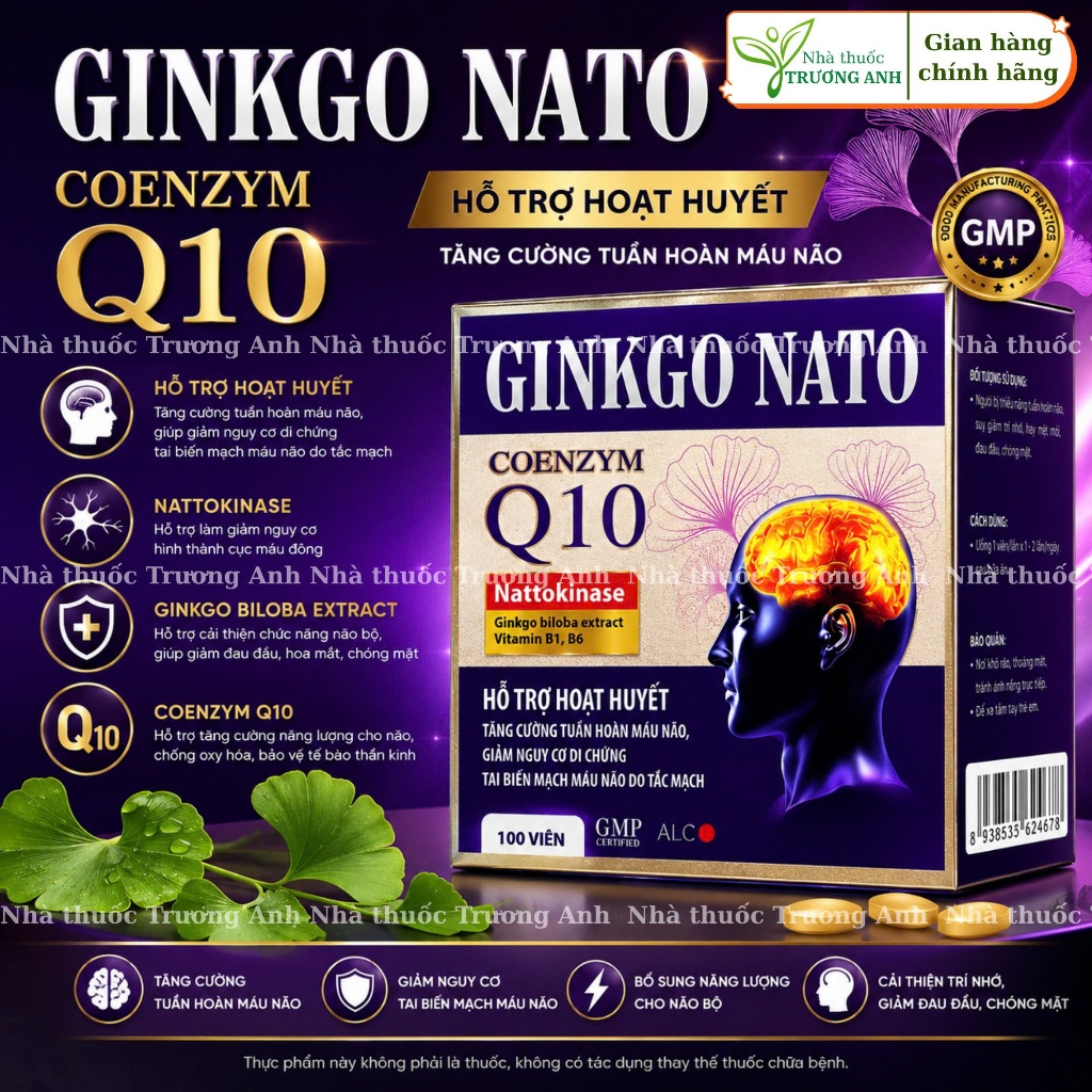 Viên Uống GINKO NATTO Citicoline ginkgo Q10 giúp hoạt huyết bổ trí não. Hộp 100 viên