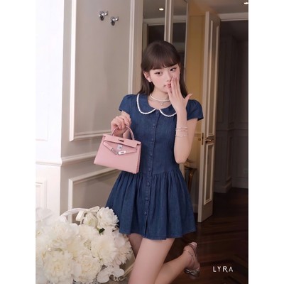 LYRA - Váy Jean Nữ Denim Cổ Peter Pan Phối Viền Ren Dáng Xòe Chiết Eo Tôn Dáng Phong Cách Tiểu Thư - VSYVD0280