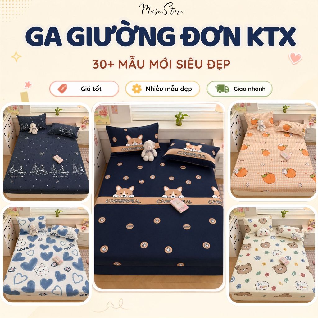 Ga trải giường bo chun, ga trang trí giường kí túc xá, đa dạng mẫu, chất liệu mềm thoải mái