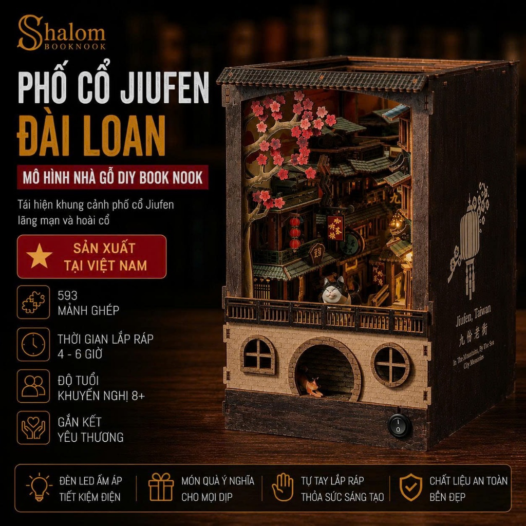 Book Nook Phố Cổ Jiufen Đài Loan Halom Mô Hình Nhà Gỗ DIY Có Đèn LED Decor Kệ Sách, Quà Tặng Du Lịch