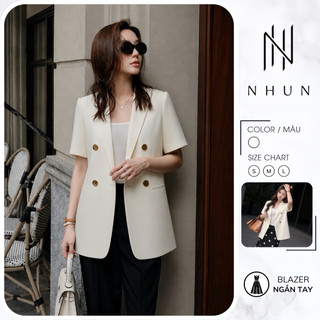 Blazer nữ ngắn tay NHUN thiết kế 2 lớp đệm vai cúc đồng phong cách tối giản công sở thanh lịch N188