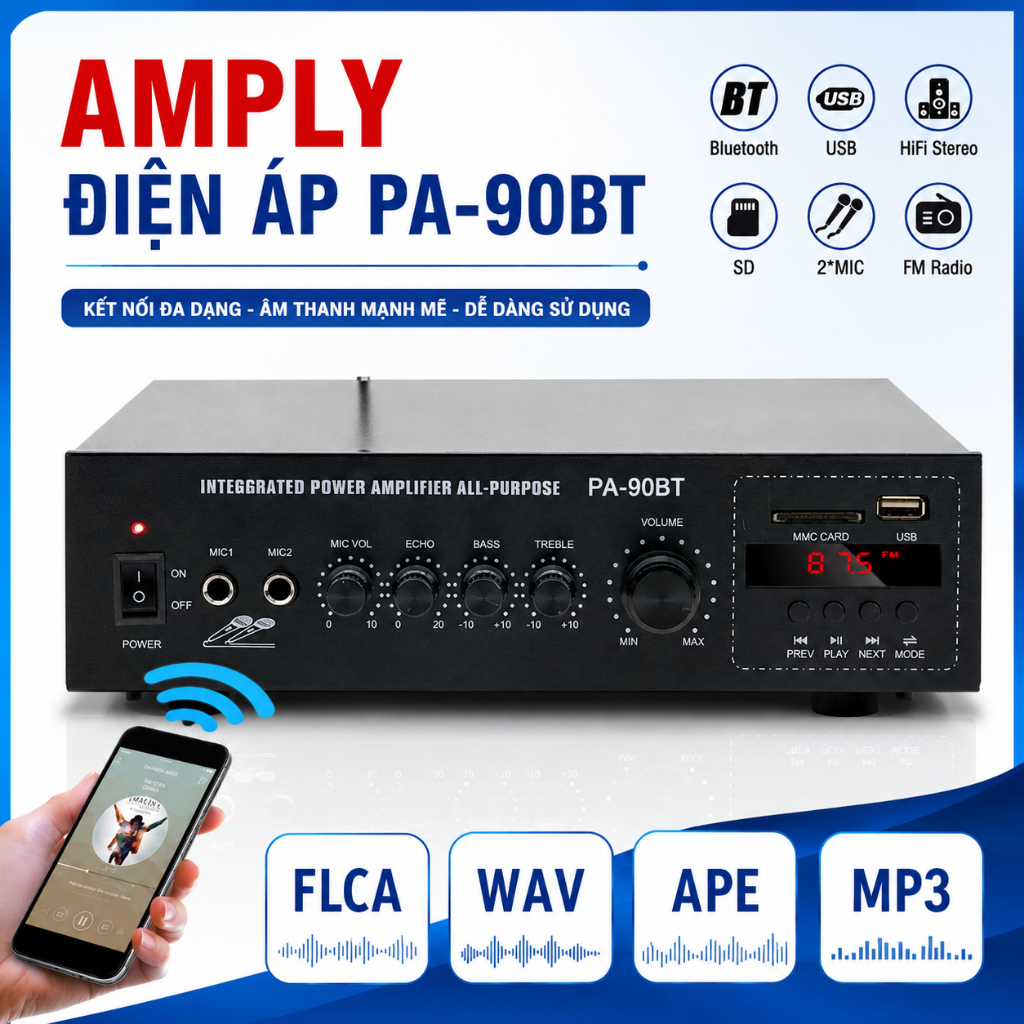 Amply mini Gunssi PA-90BT, amply mini bluetooth chuyên dùng cho loa âm trần