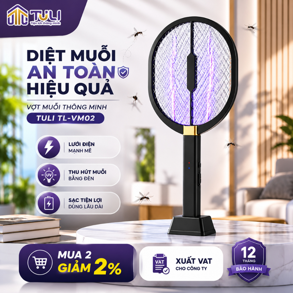 Vợt muỗi thông minh TULI VM02, Sạc tích điện,Tự động kiêm đèn bắt muỗi 2 in 1 hiệu quả, BH 12 Tháng