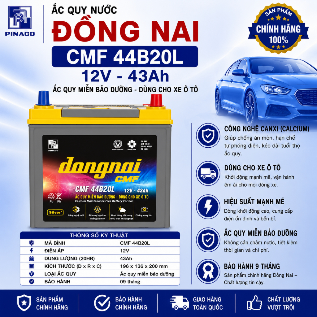 ắc quy 12v miễn bảo dưỡng đồng nai CMF 44B20L (12V, 43ah) cho kia morning, i10, city, xpander, etiga