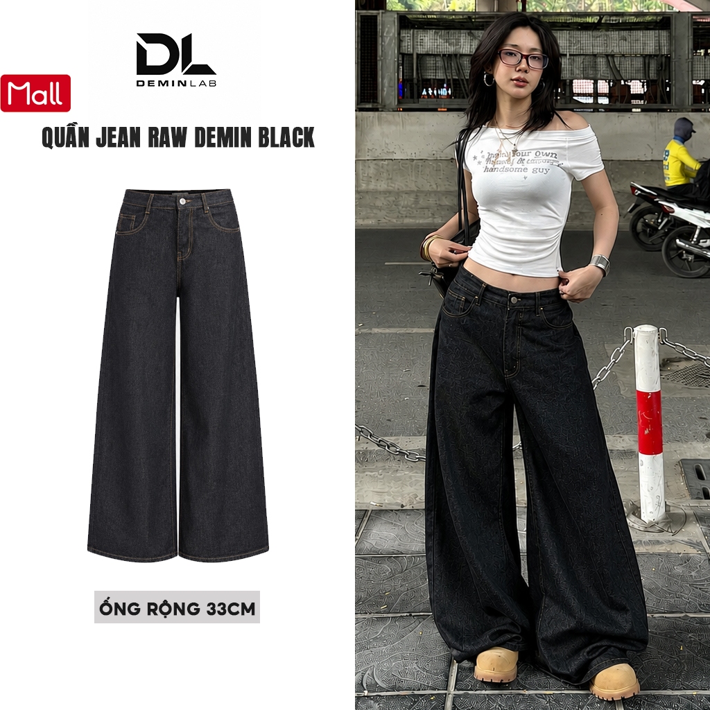 Quần Jean Nữ Ống Rộng 33cm Raw Black Denim Wide Leg Jeans LC LUCY MALL Streetwear Vintage Basic