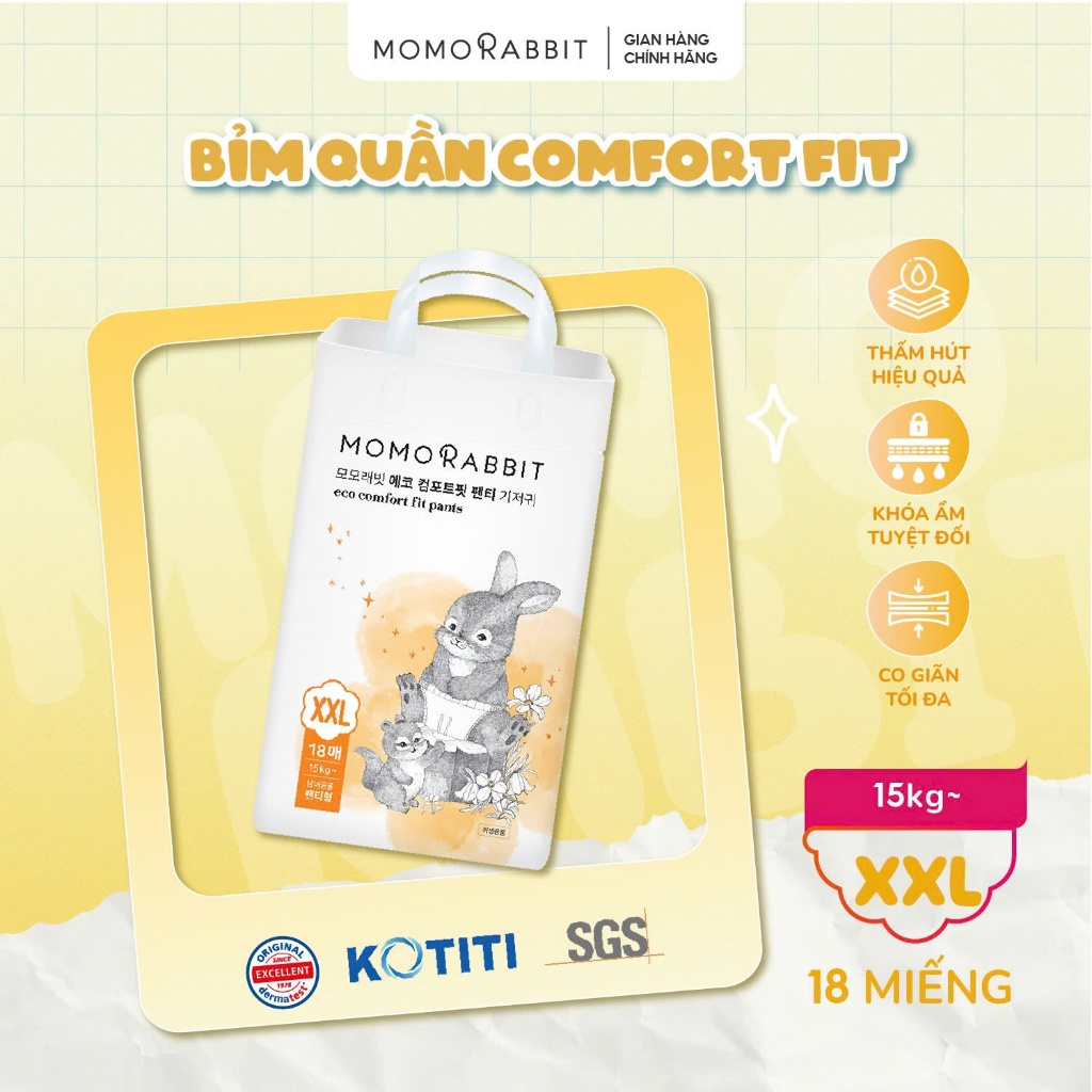 Bỉm Eco Comfort Fit - Momo Rabbit - Dành cho bé mông to, đùi ếch - Size XXL - 18 pcs - 15kg++