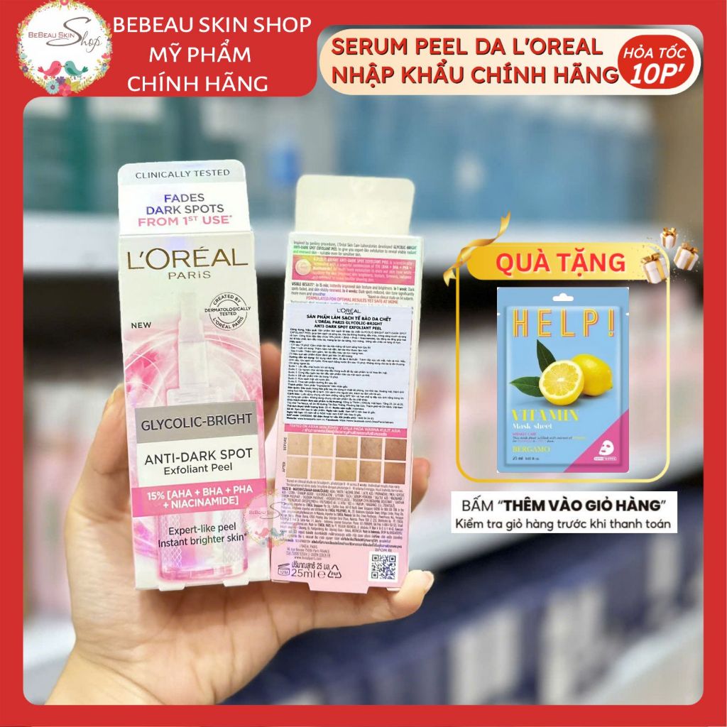 Tinh chất peel da L'Oreal Paris Glycolic Bright Anti Dark Spot Exfoliant Peel 25ml - Bebeau