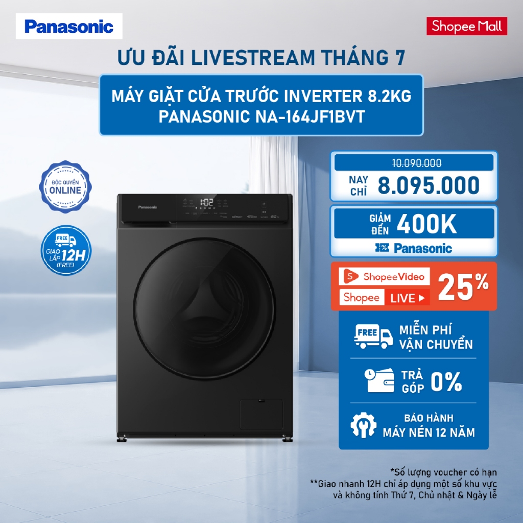 [LIVESTREAM] Máy Giặt Cửa Trước Panasonic Inverter 8.2KG NA-164JF1BVT