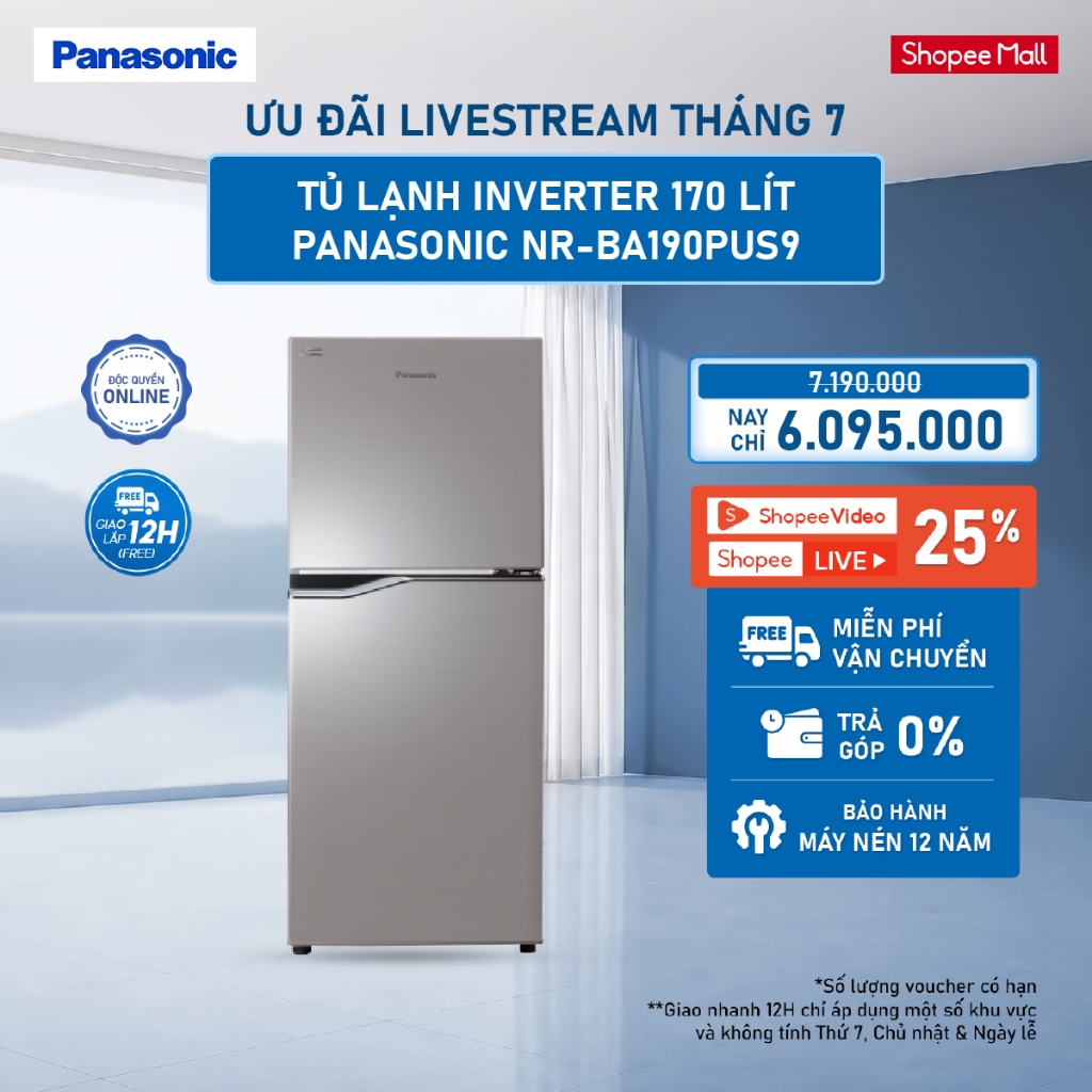 [LIVESTREAM] Tủ lạnh Panasonic Inverter 170L NR-BA190PUS9 Tiết kiệm điện Ngăn đá trên