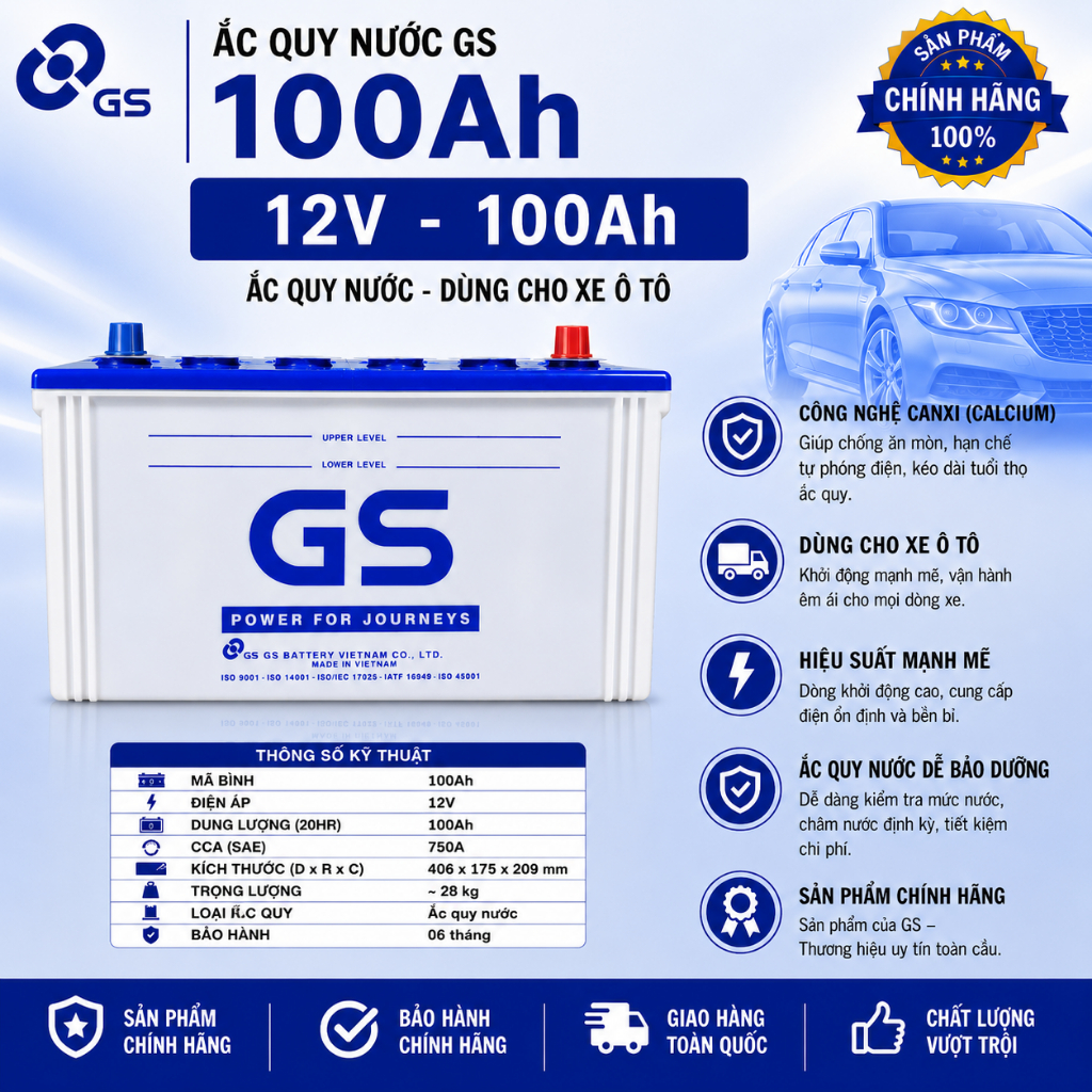 ắc quy nước 12v xe tải GS N100 (12V-100AH) (tặng acid châm bình) chuyên cho xe tải, máy phát điện