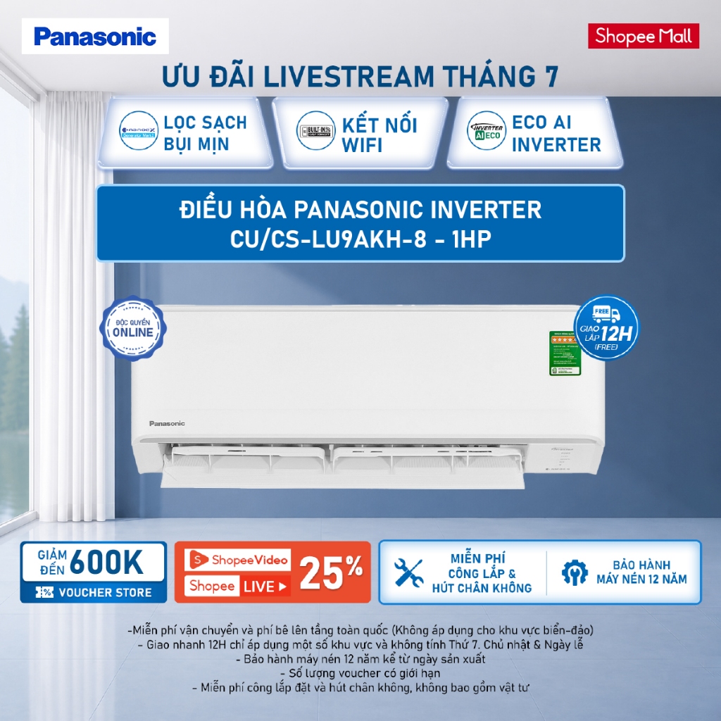[LIVESTREAM] [Sẵn hàng miền Nam] Máy lạnh/ Điều hòa Panasonic Inverter CU/CS-LU9AKH-8 - 1HP-Một chiề