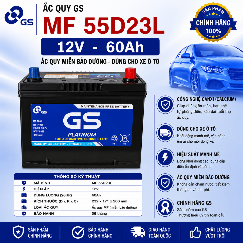 Bình ắc quy 12v miễn bảo dưỡng GS MF 55D23L (12V-60ah), chuyên sài cho ô tô, xe tải