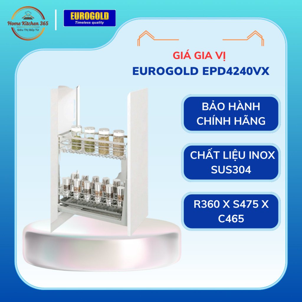 Kệ Gia Vị Eurogold EP40B/EPD4240 Inox SUS304, Ray Giảm Chấn, Bề Mặt Xước Mờ