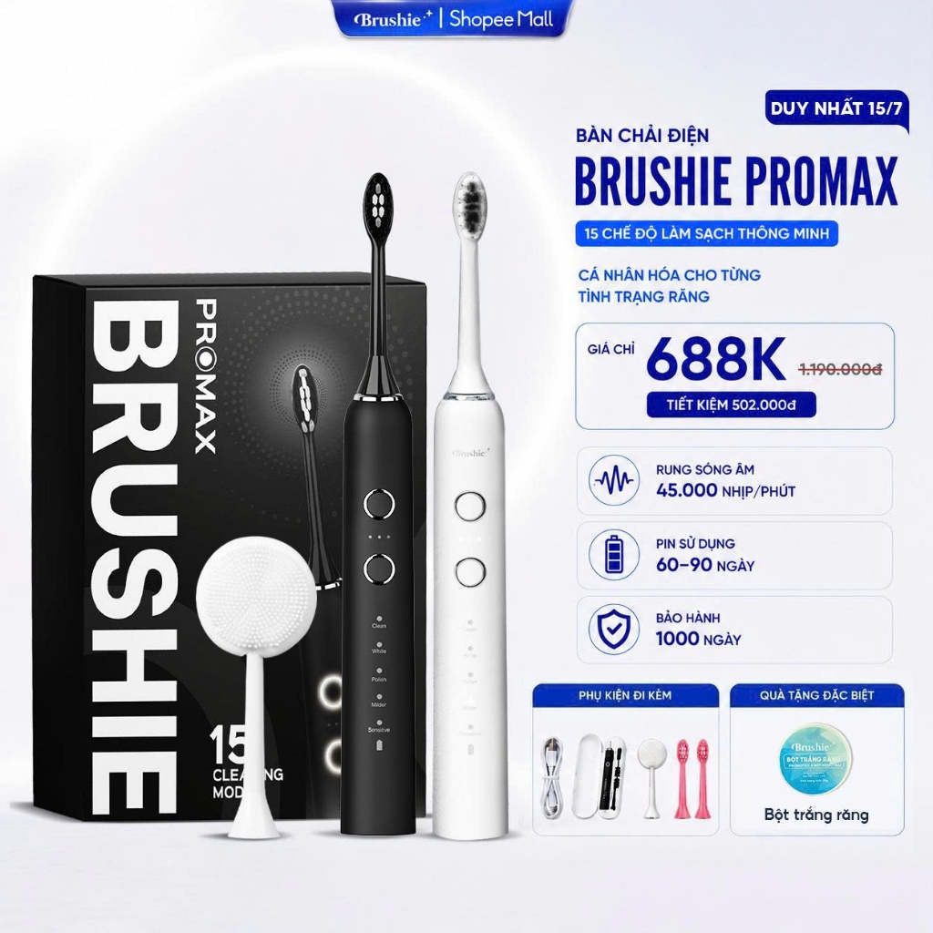 [GIÁ 620K LIVE KOL] Bàn chải điện Brushie Promax 15 chế độ làm sạch sâu cho răng nhạy cảm, êm dịu KOL, KOC