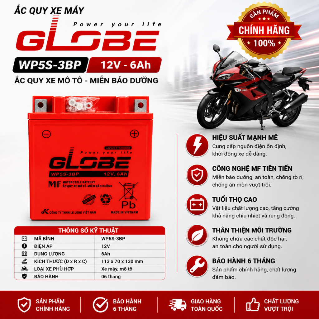 ắc quy 12v khô GLOBE WP5S-3BP | 12V - 6ah, cho xe dream, wave thái, sirius xăng cơ.